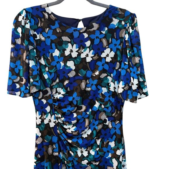 DKNY Dress Womens 8 Blue Floral Short Sleeve Ruched Jersey Sheath Knee Length - Picture 3 of 6